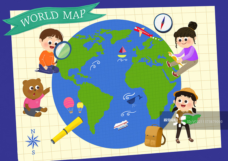在世界地图背景上的熊和学生的插图图片素材