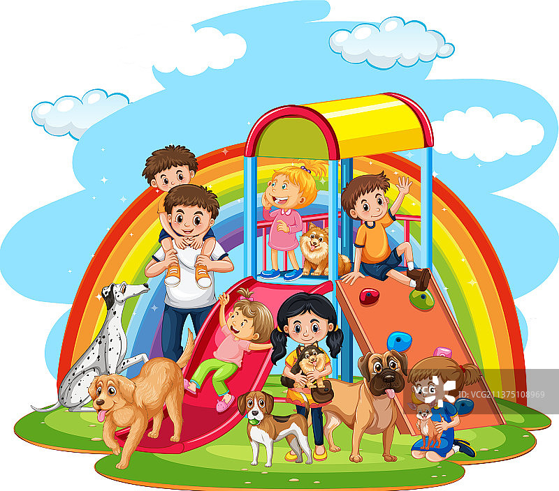 在彩虹的背景下，快乐的家庭在操场上图片素材