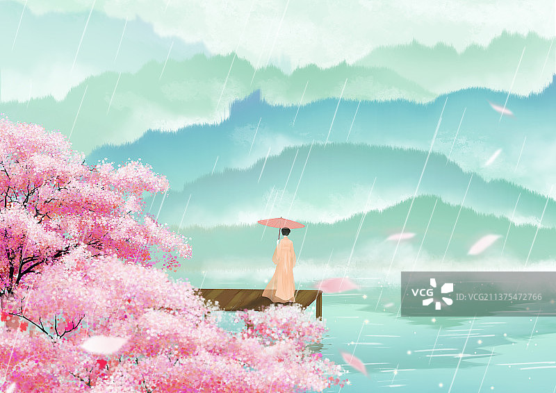 春天下雨天的新中式樱花山水画图片素材