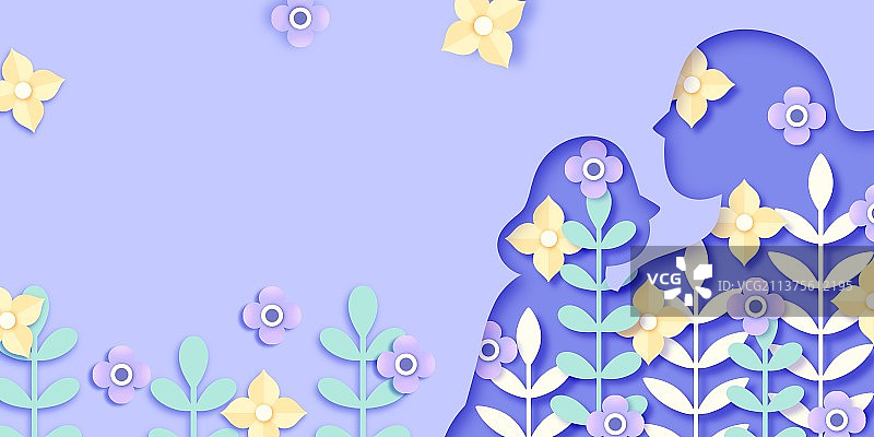 剪纸风格植物花卉母女剪影图片素材