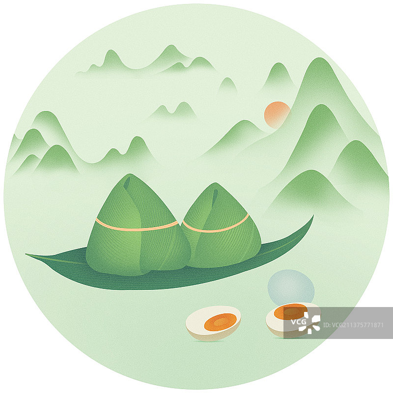 端午节美味粽子咸鸭蛋中国风山水插画图片素材