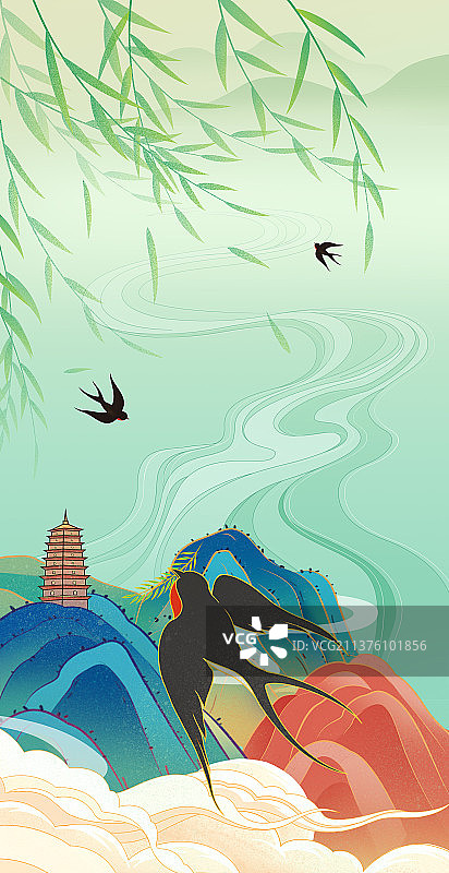 垂柳下的燕子之谷雨国潮风插画图片素材