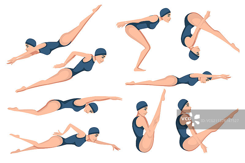 一套女运动员穿着蓝色泳装游泳图片素材