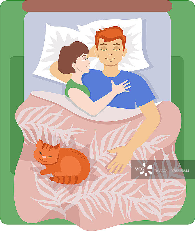 年轻的男女和猫睡在家里的床上图片素材