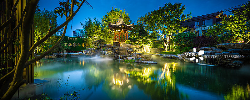 中式建筑园林景观夜景图片素材