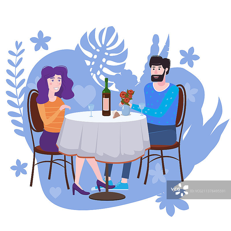 一对相爱的夫妇在咖啡馆喝葡萄树，一个男人和图片素材