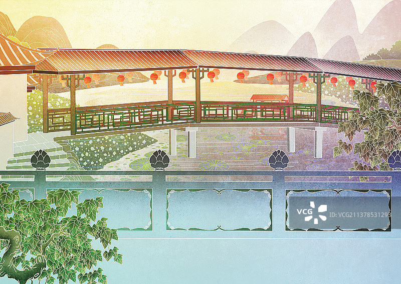 中国国风国潮场景风景背景插画展板水边图片素材