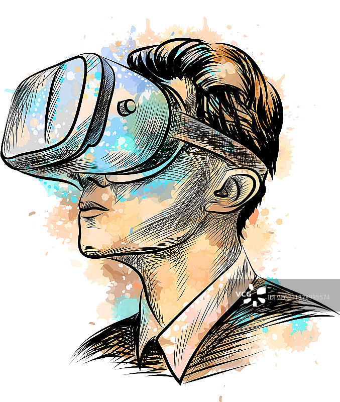 男子戴着虚拟现实头盔从水花中图片素材