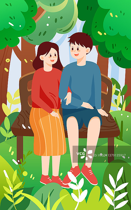 520情人节情侣公园坐椅拥抱浪漫爱情插画图片素材