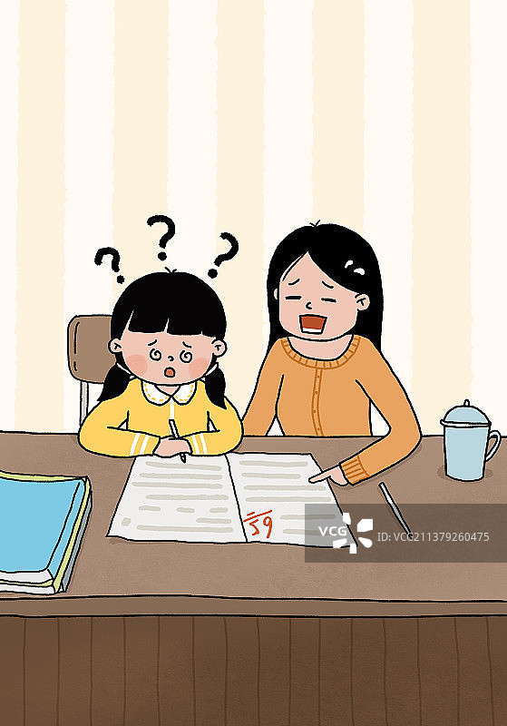 插画：母亲在辅导考试失利的孩子图片素材