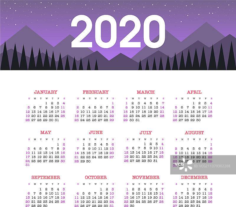 日历2020年的一周从周日开始图片素材