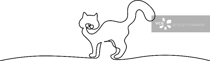 猫站与卷曲的尾巴线画图片素材