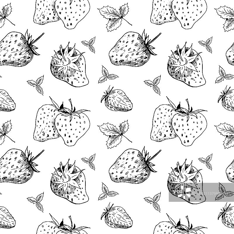 草莓无缝手绘素描图案图片素材