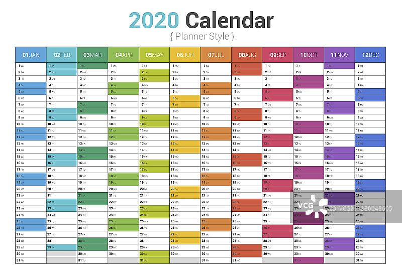 日历2020规划全彩色垂直设计图片素材