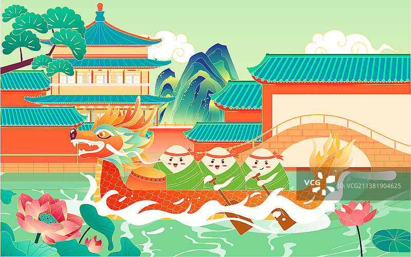 端午节赛龙舟传统节日活动古代建筑国潮插画图片素材