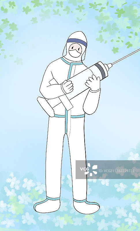 一位拿着针筒的医生蓝色天空绿树下春季夏季，一起加油插画，五一劳动节致敬白衣天使图片素材