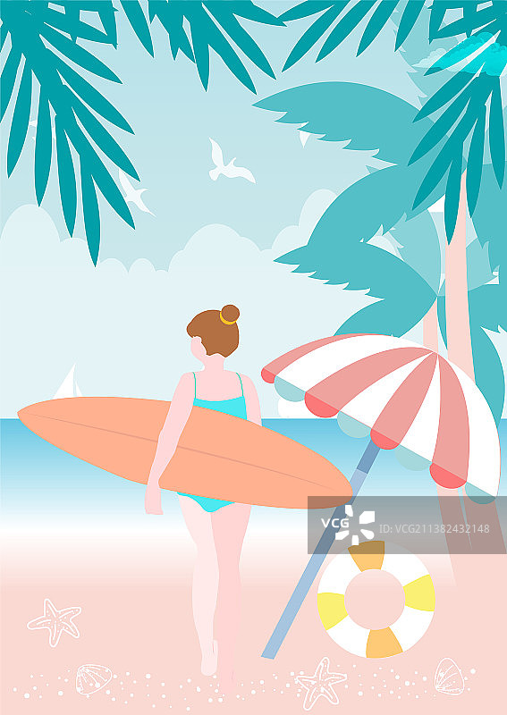 竖版海滩上拿冲浪板的女孩背影图片素材