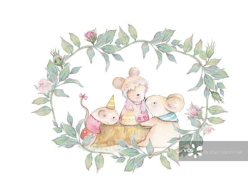 水彩手绘花环野外中的小老鼠一家欢聚生日会图片素材