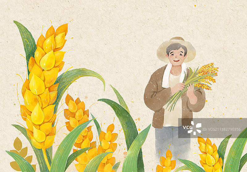 芒种节气插画麦穗和农民伯伯图片素材