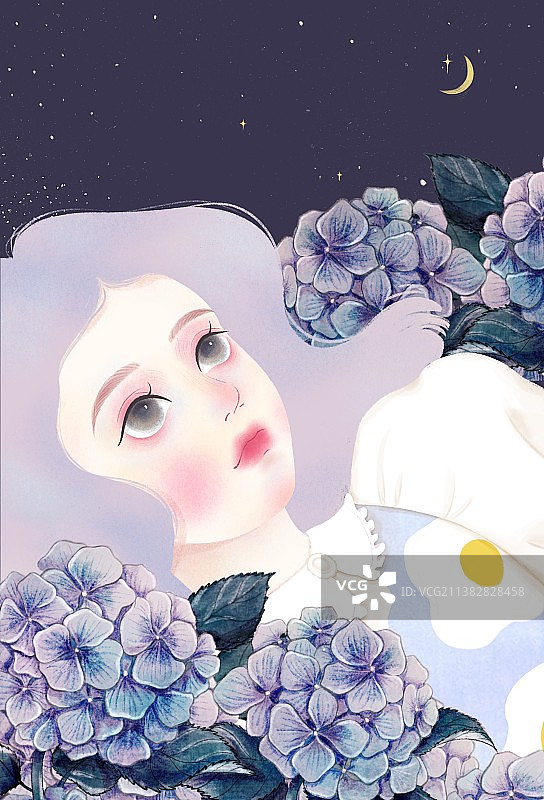 手绘夜空下绣球花丛中的少女图片素材