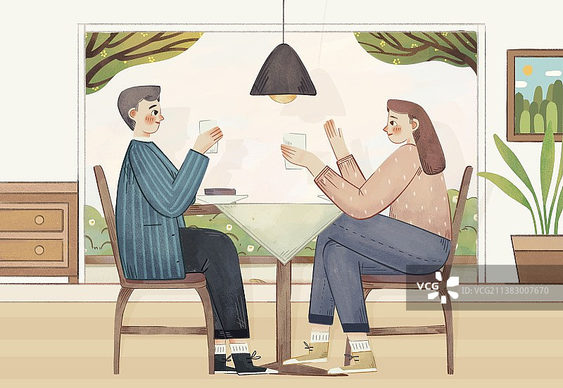 手绘卡通在窗边喝茶交谈的朋友图片素材