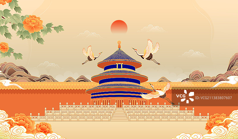 复古中国风北京天坛建筑矢量插画图片素材