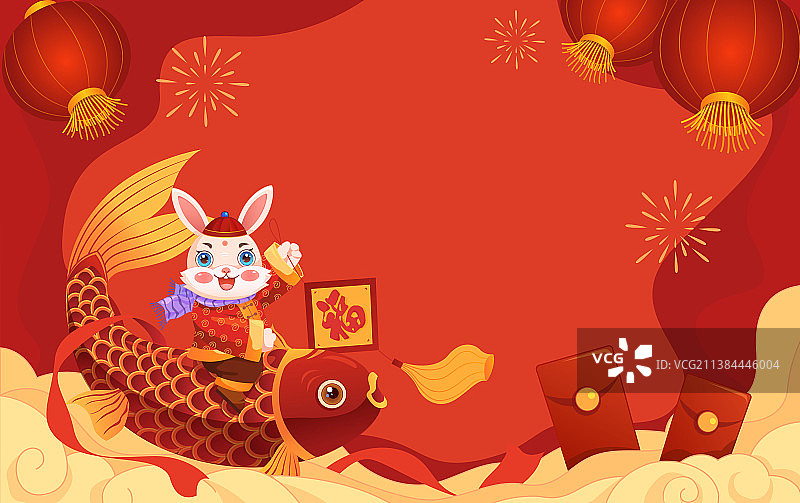 兔年坐在鲤鱼上的可爱小兔新年矢量插画3图片素材