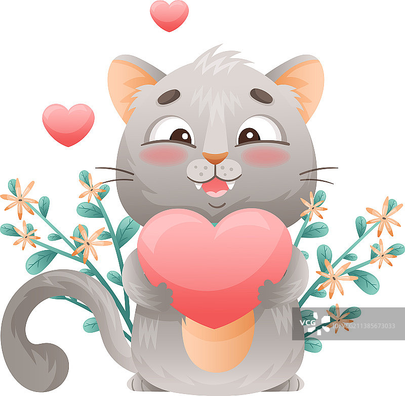 可爱的灰猫，带着花坐着图片素材