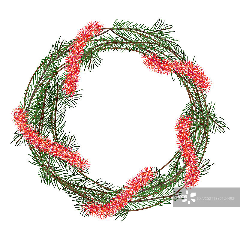 用冷杉树枝和红色浆果编成的圣诞花环图片素材
