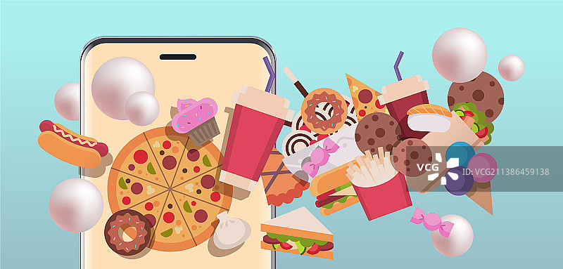 智能手机屏幕上不同的垃圾食品不健康图片素材