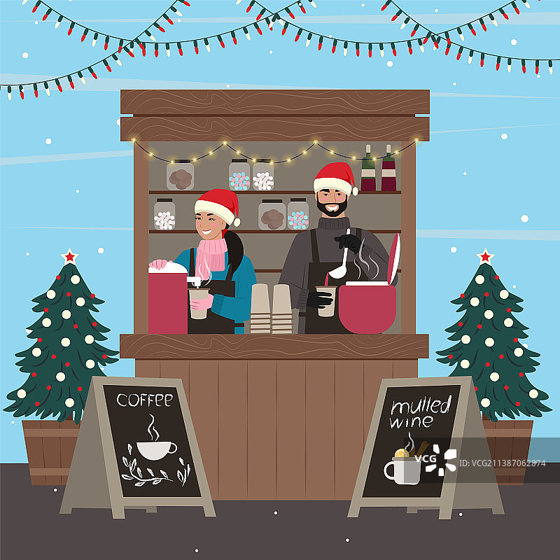 圣诞档位上有卖咖啡的女人和男人图片素材