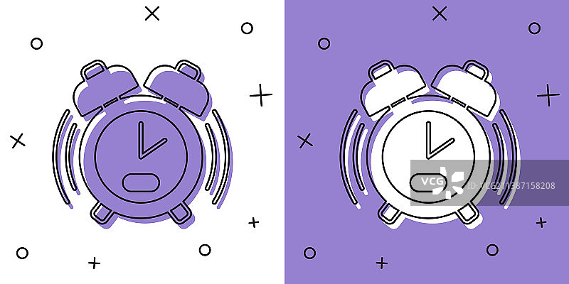 设置闹钟图标隔离在白色和紫色上图片素材