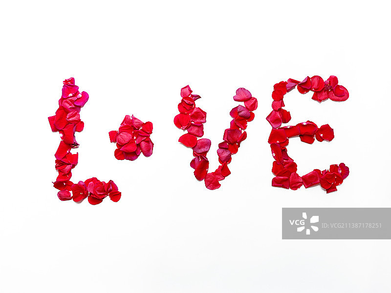 白色背景上，摆列成英文字母LOVE爱的形状的玫瑰花瓣图片素材
