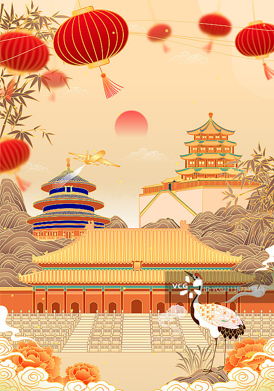复古中国风北京历史建筑新年插画图片素材