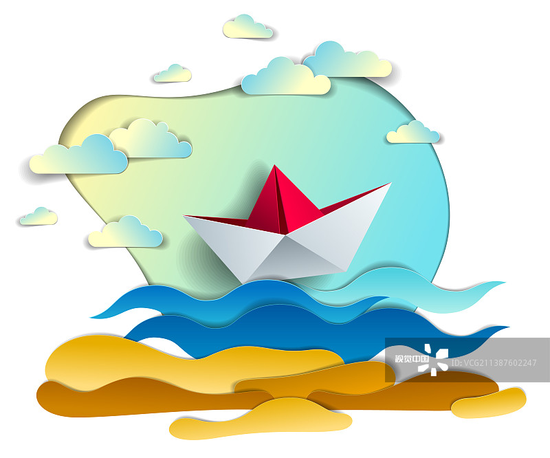 折纸船玩具在海浪中游泳图片素材
