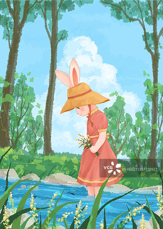 小兔的四季兔年小清新插画七月图片素材