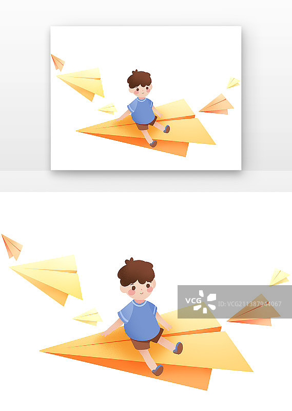 儿童与飞机等玩具黄色纸飞机上的男孩图片素材