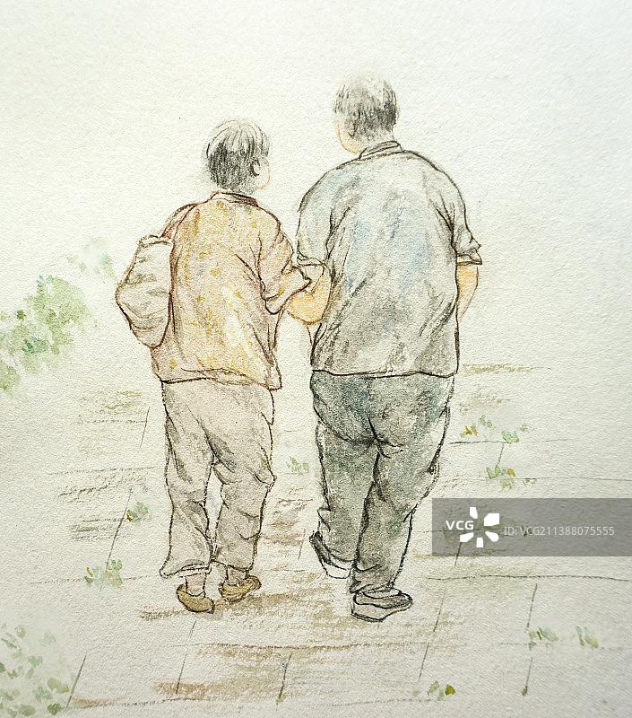 手绘挽手步行的老年夫妻图片素材