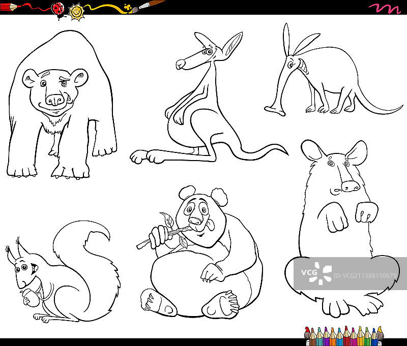 卡通动物人物设定涂色书页图片素材
