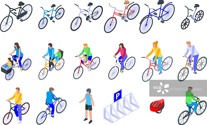 自行车家族图标设置等距风格图片素材