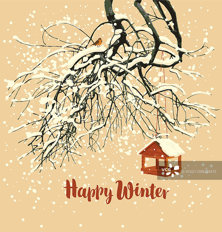 树木和鸟被雪覆盖的冬季景观图片素材