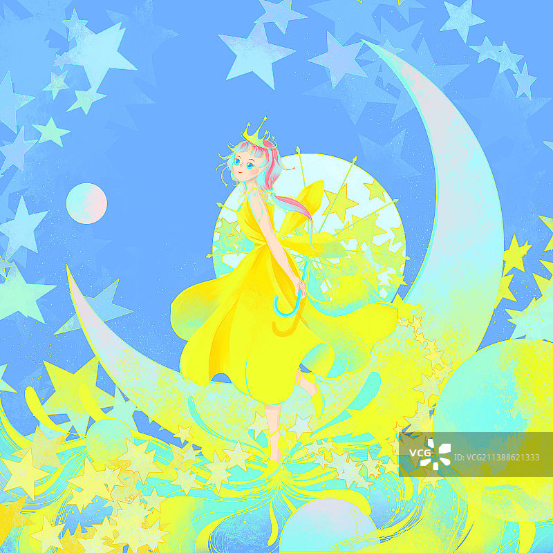 夏天星星月亮少女王冠雨伞星球幻想插画图片素材