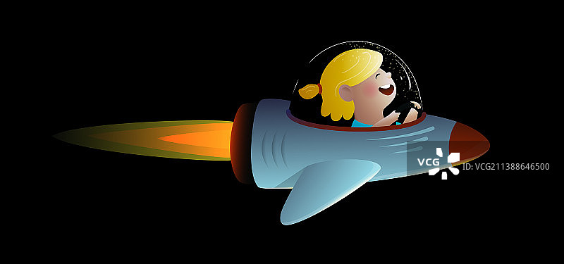 小女孩在太空中驾驶宇宙飞船的漫画图片素材