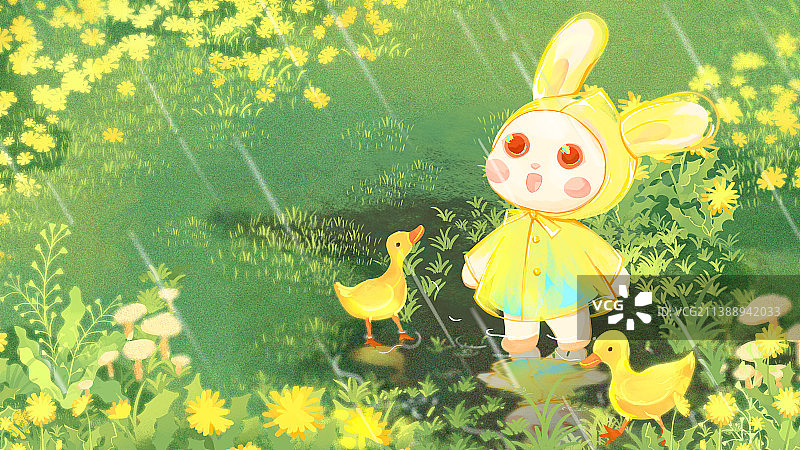 兔年四月草地水洼下雨小兔子鸭子系列插画图片素材