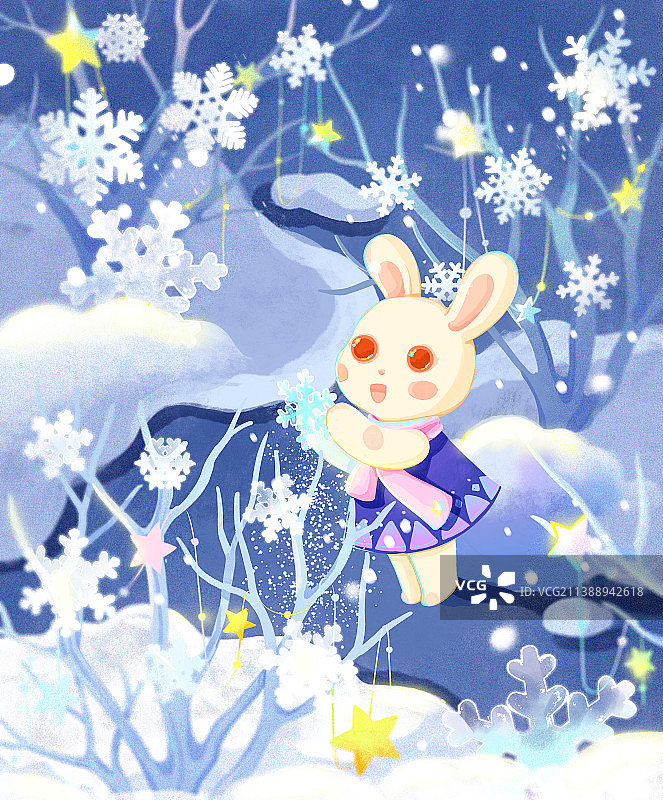 兔年系列插画十二月雪花小兔子雪地图片素材