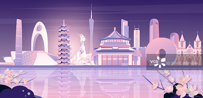 广州古代现代地标建筑群矢量节日插画图片素材