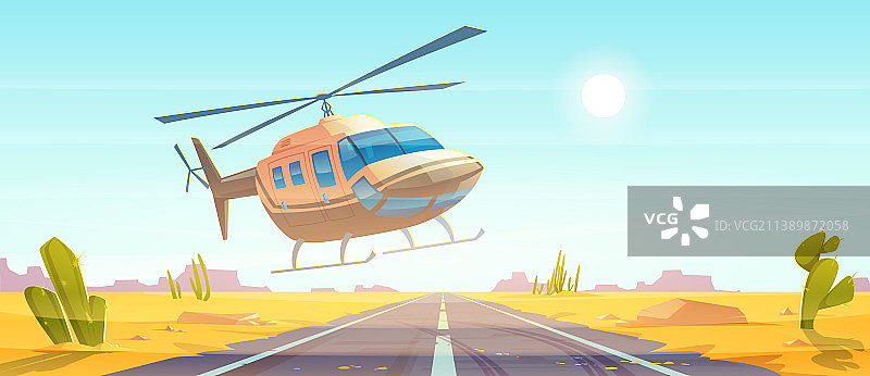 直升机降落在沙漠自然空旷的道路上图片素材
