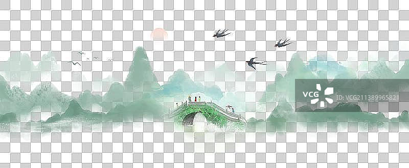 中国风春天绿色水墨山水画背景图片素材
