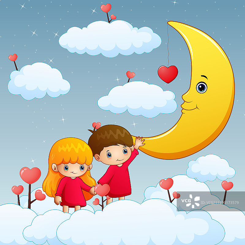 可爱的小男孩和小女孩举着月亮在天空图片素材