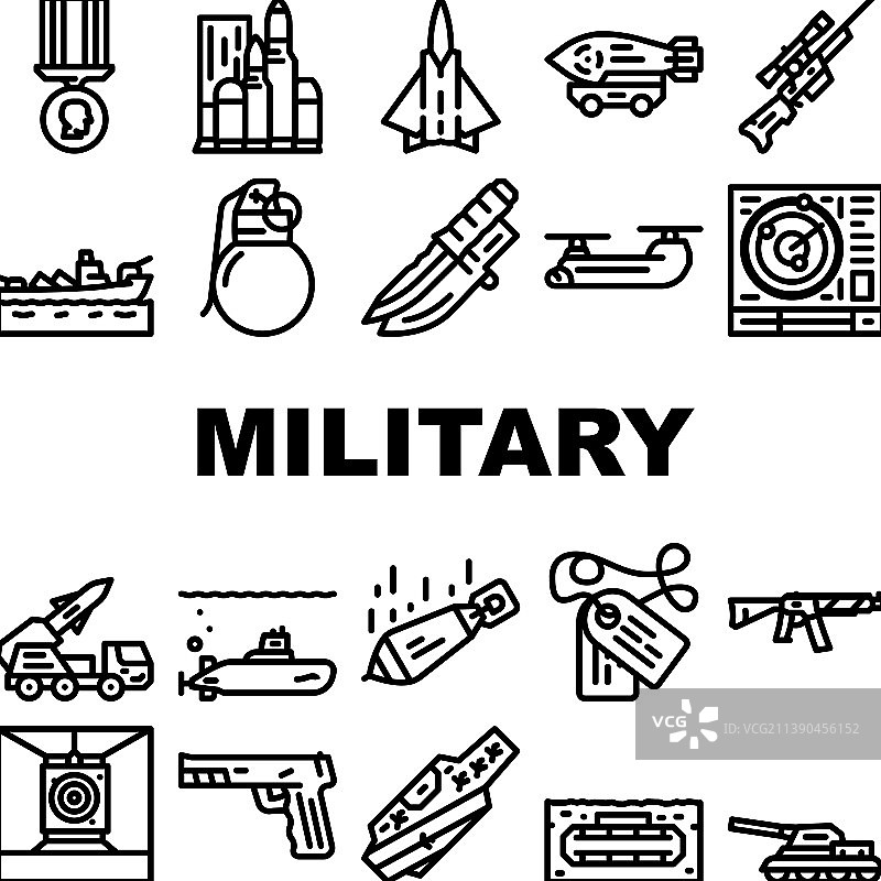 军事武器和运输图标集图片素材